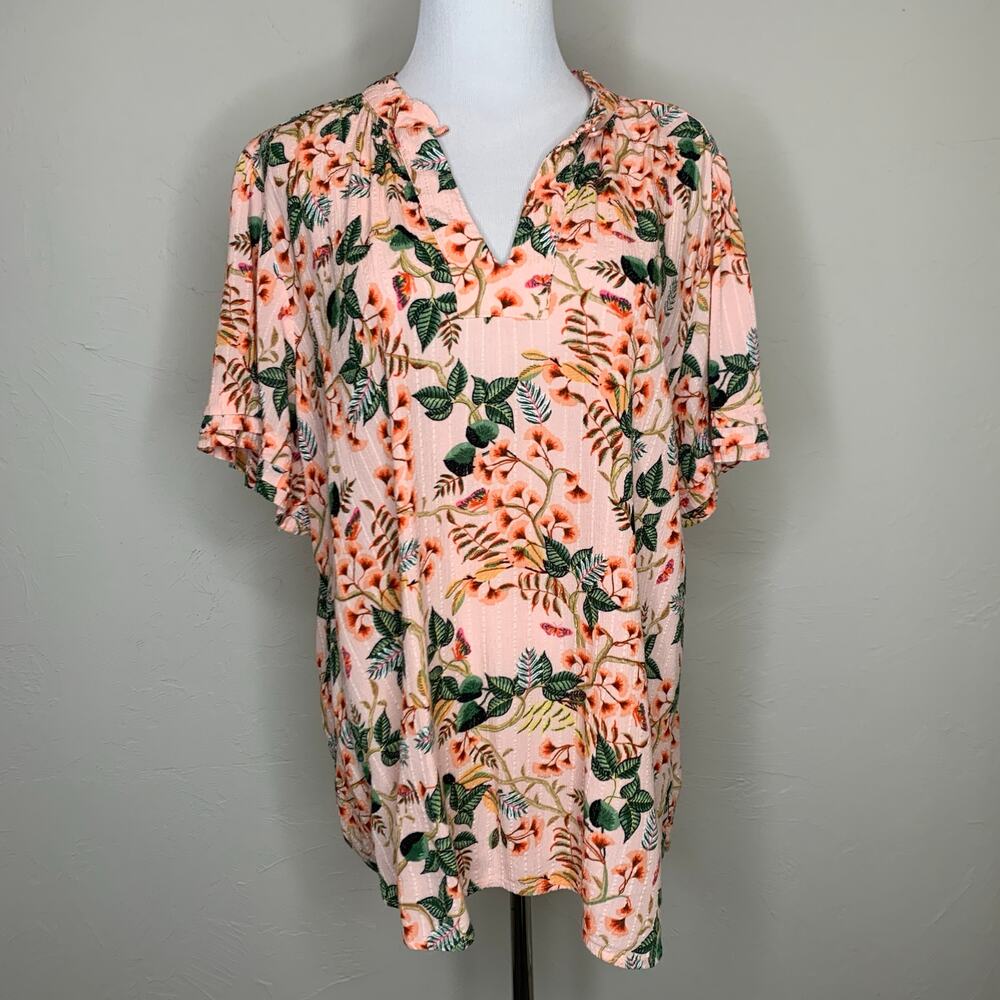 LOFT Peach Floral Blouse Crinkle Fabric Sz XL 100% Viscose